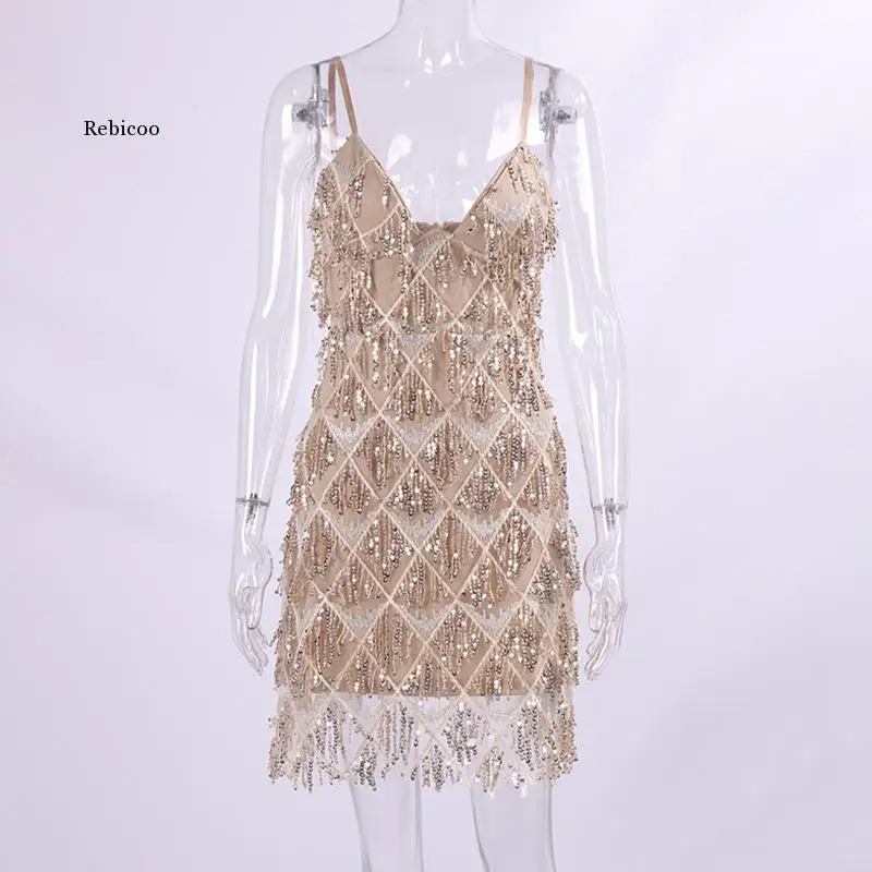 

Sexy Women's Dress Autumn and Winter Travel Sling Dress Sexy V-Neck Party Sequins Tassel Dress Party