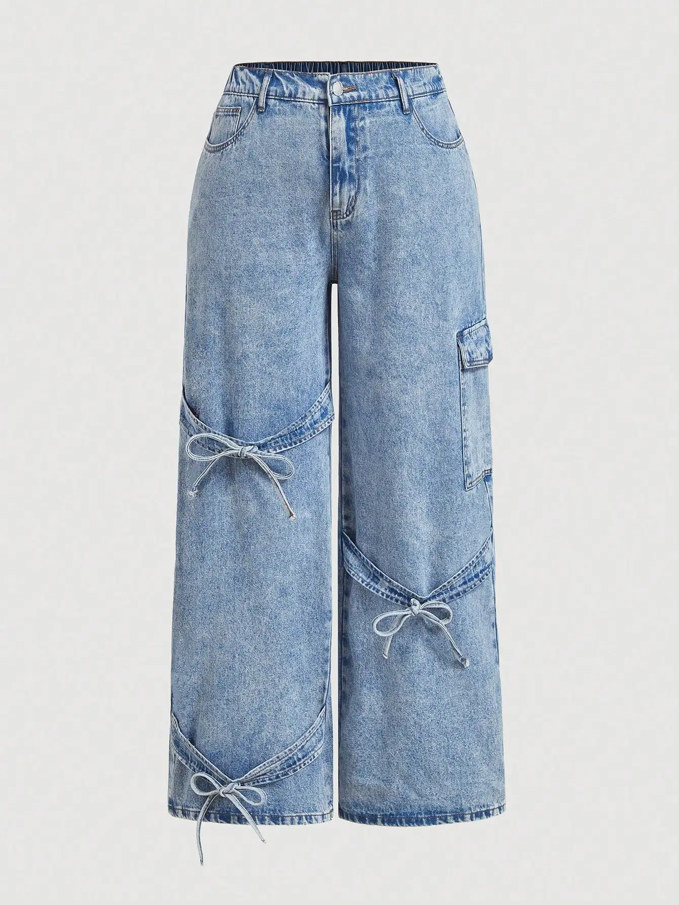 

Женские джинсы большого размера с широкими штанинами светлого цвета, с завязками по бокам, в стиле Y2K