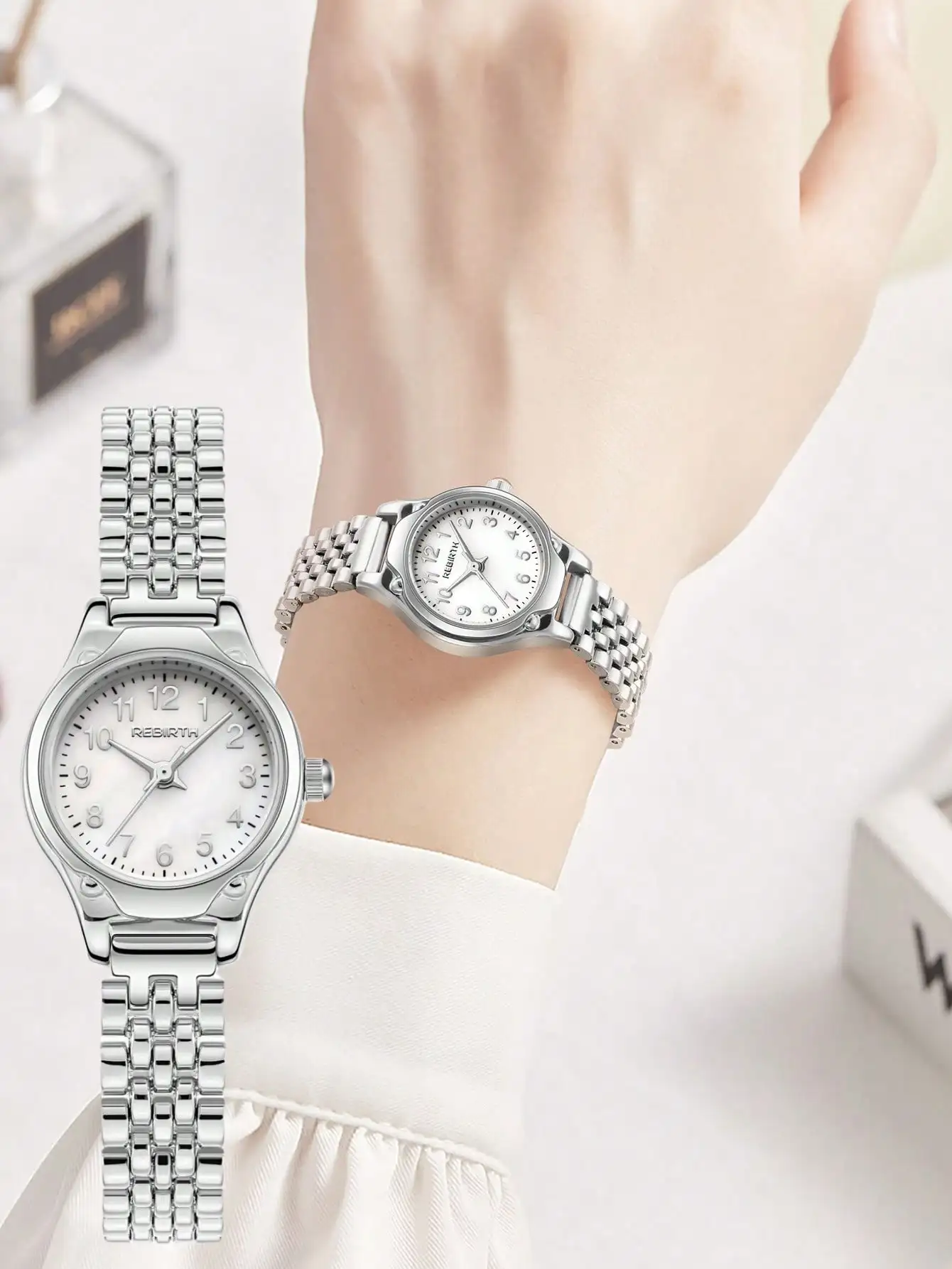 

Элегантные маленькие кварцевые часы серебристого цвета с ремешком из нержавеющей стали для повседневного ношения.