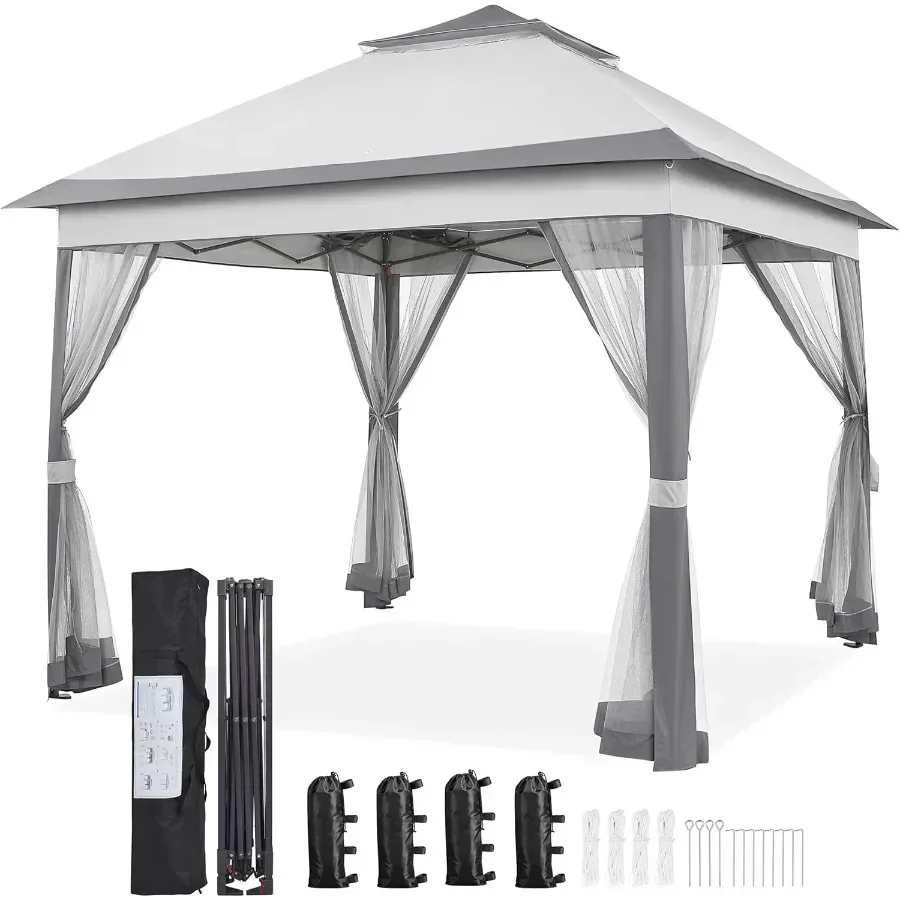 11x11 Pop Up Gazebo Double-Tier Canopy Tent W/Mesh Netting, Gray