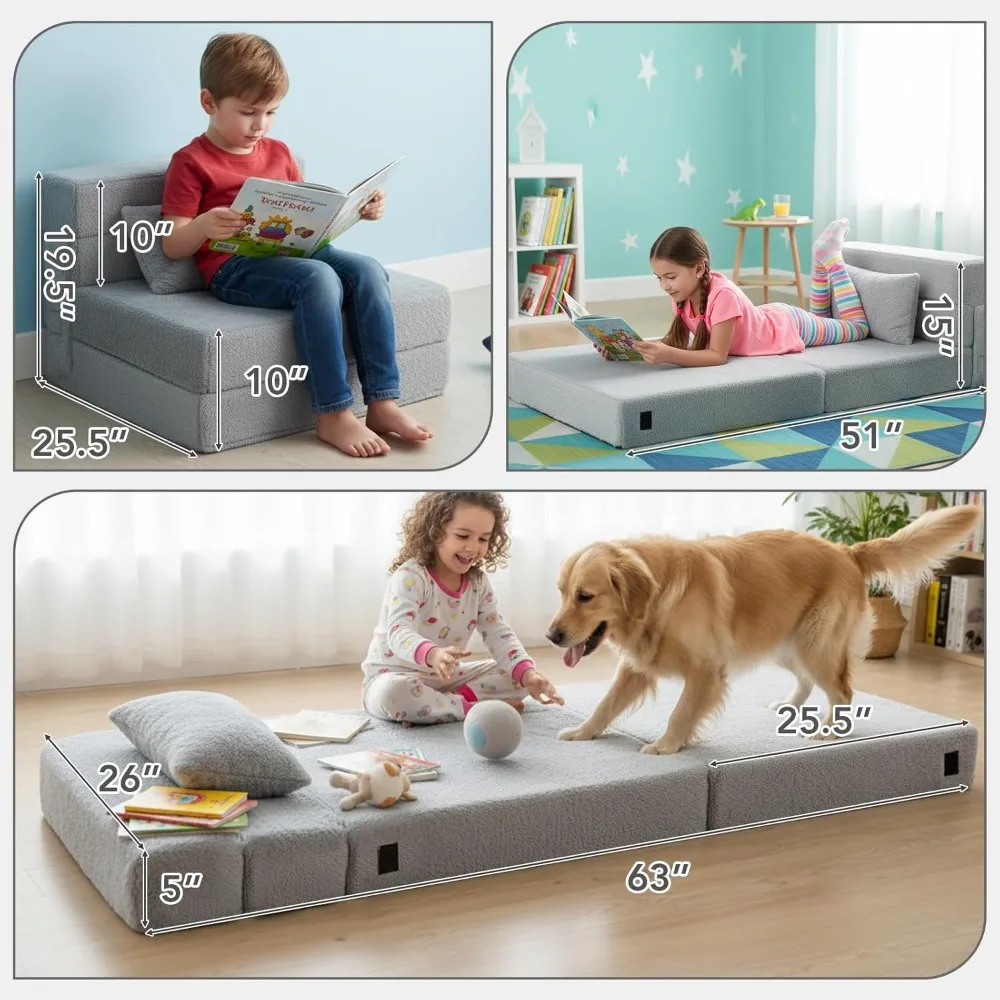 Convertible Folding Chair Bed Sleeper for Toddlers with Storage, Child Sofa Couch Futon, Fold-Up Mattress Bed for Kids