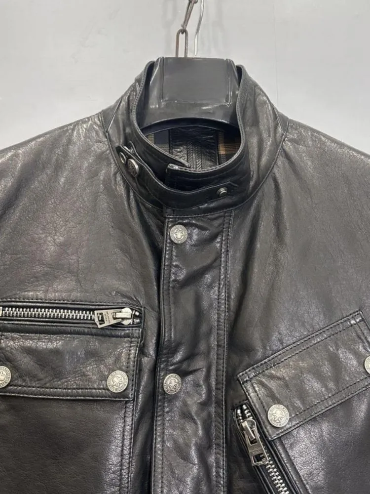 Retro Fashion Stand Collar Long Sleeves Genuine Leather Jacket Solid Color Zipper Button Loose Cowhide Male Motorcycle Coat - Image 5