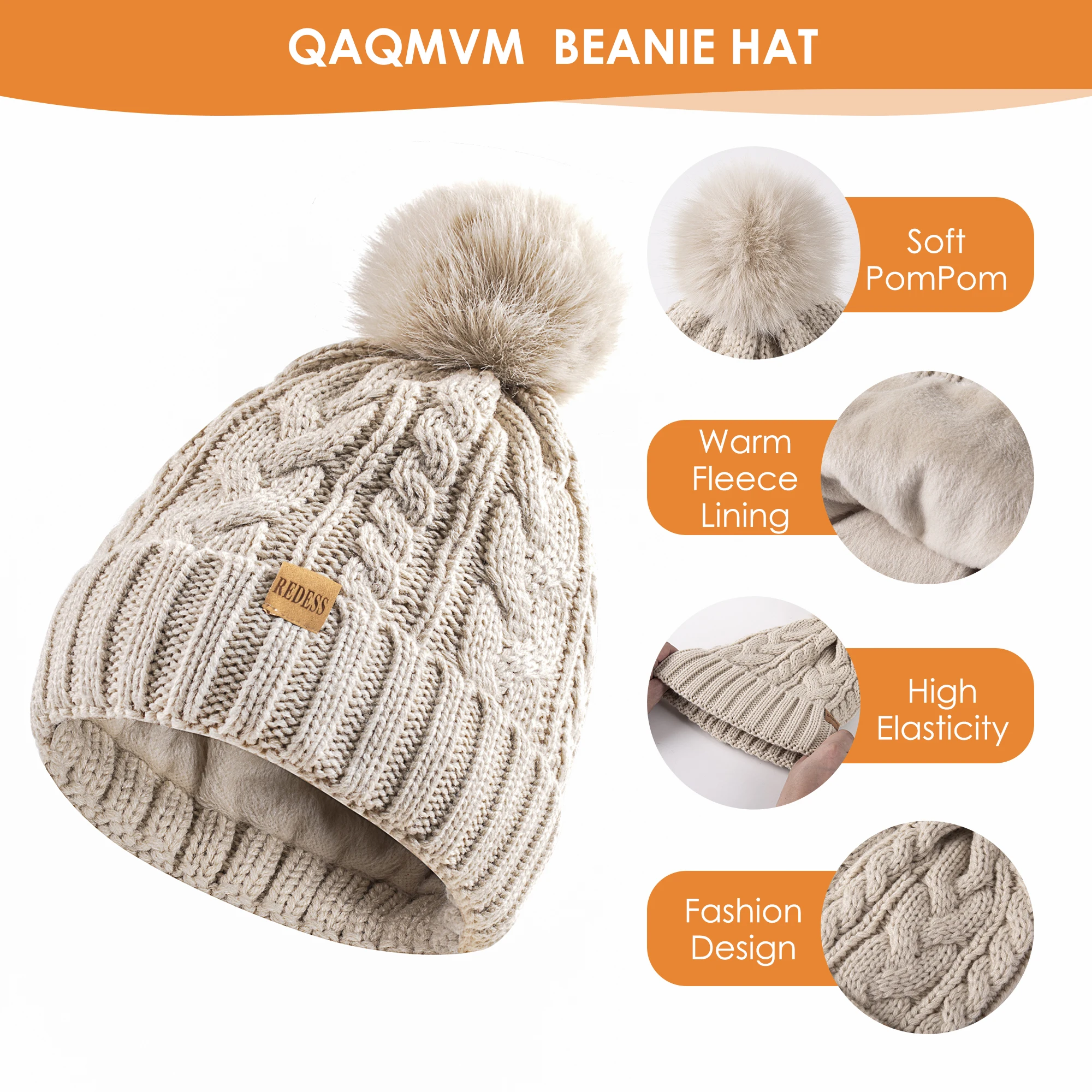 Gorro con pompón cómodo de invierno, bufanda larga de punto, guantes con pantalla táctil, conjunto de tres piezas, adecuado tanto para hombres como para mujeres