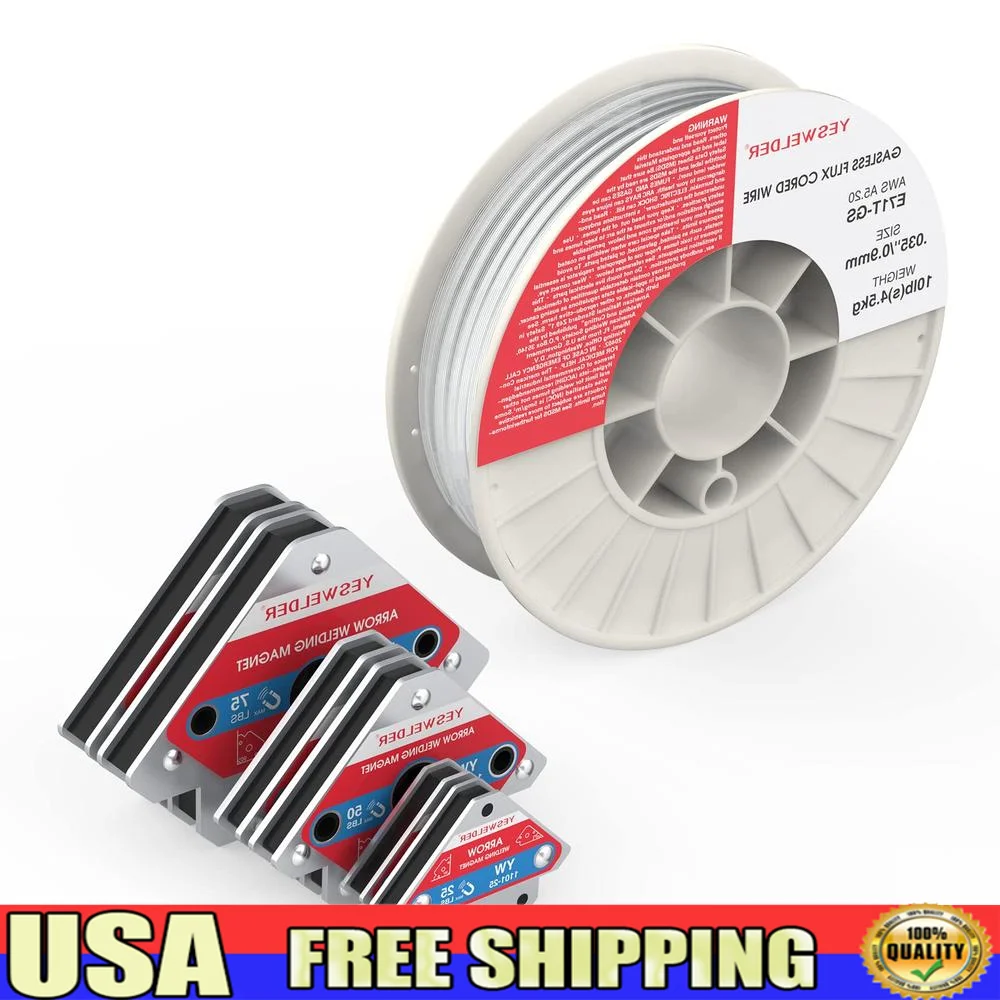 Flux Core Mig Wire .035 10LB & 3 in 1 Welding Magnets 6 Pieces E71TGS Gasless Smooth Arc High Performance Arrow Shape Design