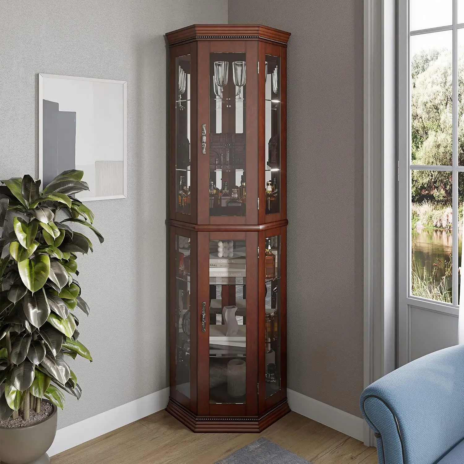 Lighted Wooden Corner Display Curio Cabinet, Two Section Shelving Unit with Tempered Glass Door, Bar and Liquor, Customized