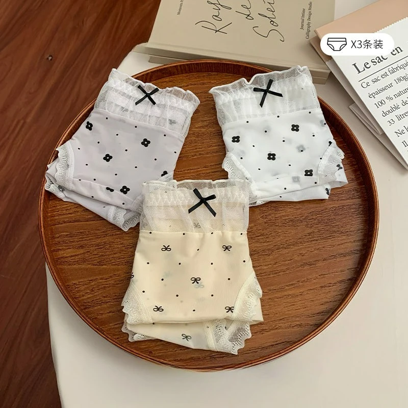 2025年新作-レディース-ミッドウエスト-アイスシルク-涼感-スイートスタイル-レース-10a-抗菌-純綿-クロッチ-三角パンツ