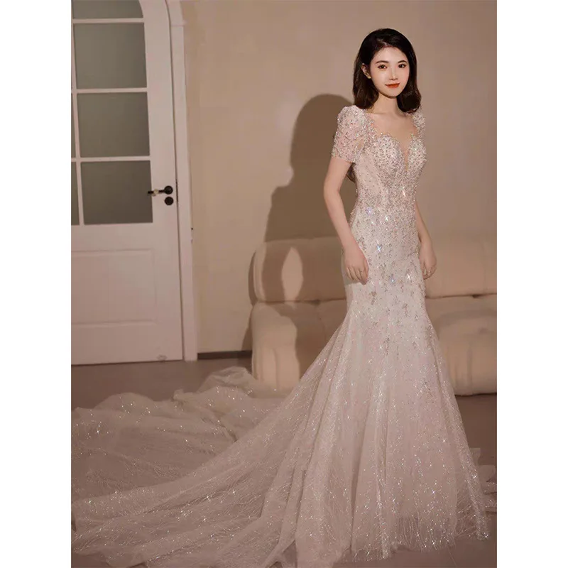 Sparkly Lace Fish Tail Wedding Dress Mermaid Illusion Bodice Vestido De Noiva Bridal Long Sleeve Princess Tulle Elegant Gown