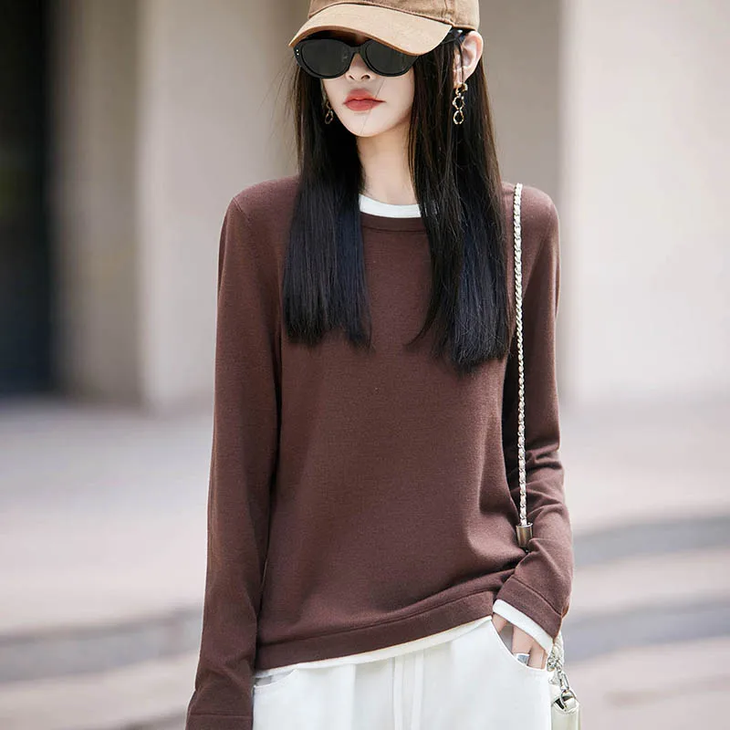 

2025 Spring and Autumn New 100 Pure Wool Sweater Women's Round Neck Loose Sweater Joker Knitted Bottom Shirt with Jacket