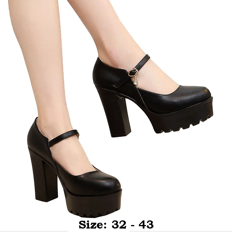 

high quality leather shoe for women 11cm high heel platform round toe 32 33 43 elegant and fashion shoe black white