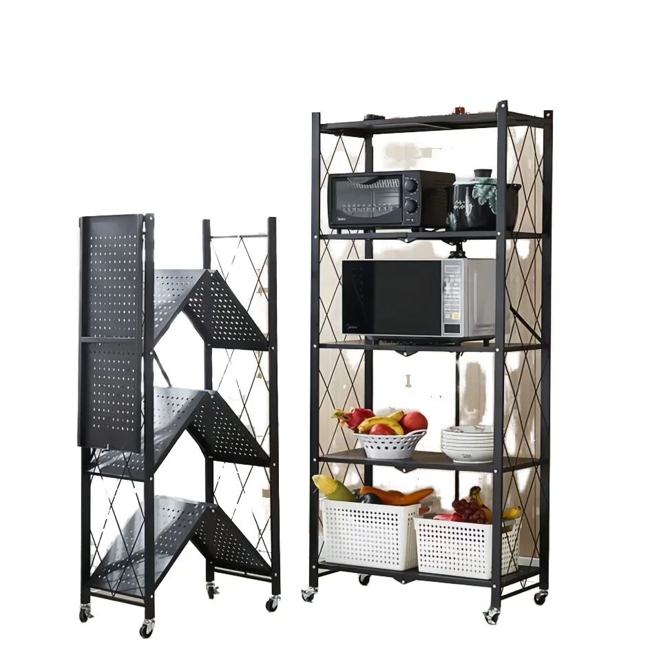 5-Layer Foldable Metal Frame Kitchen Rack Movable Standing Type Key Lock Attached Storage Shelf Wheels Space-Saving Tool Storage