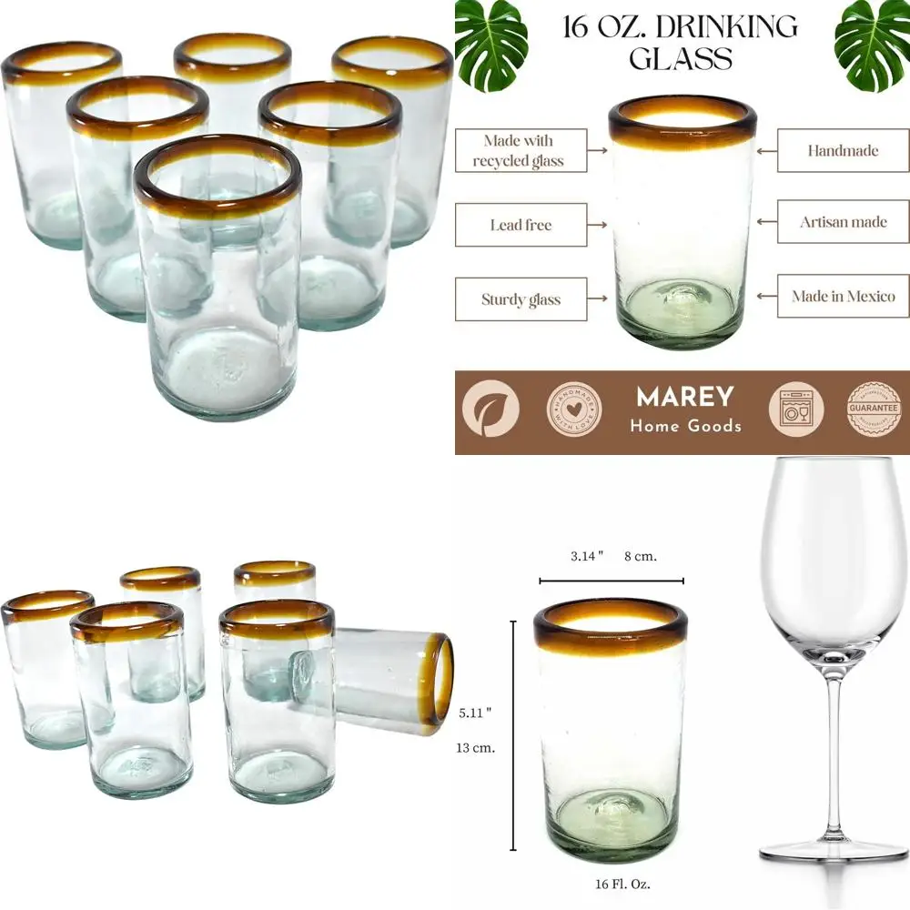 

Mexican Handcrafted Drinking Glasses Set of 6 Amber Rimmed 16 Oz Water Glasses Artisan Crafted in Mexico