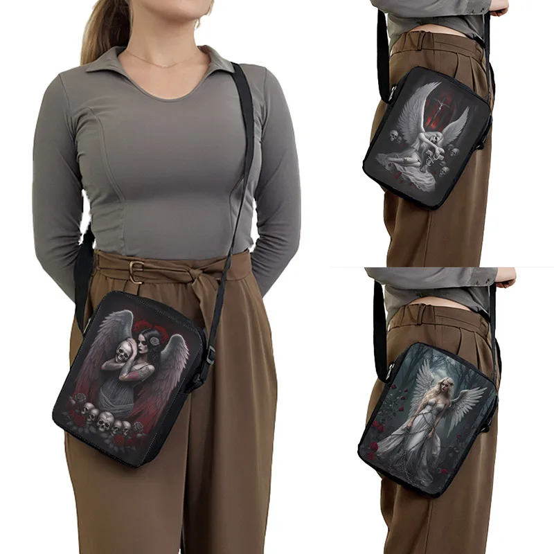Gothic Sad Fallen Angel Wing Print Crossbady Bag Fantasy Skull Girl Women Book Bags Key Phone Holder Portable Messenger Bag Gift