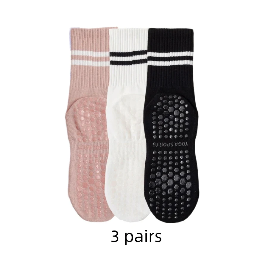 3 Pairs Mid-tube Women Yoga Socks Cotton Professional Non-slip Silicone Fitness Socks Floor Socks Dance Pilates Sports Socks