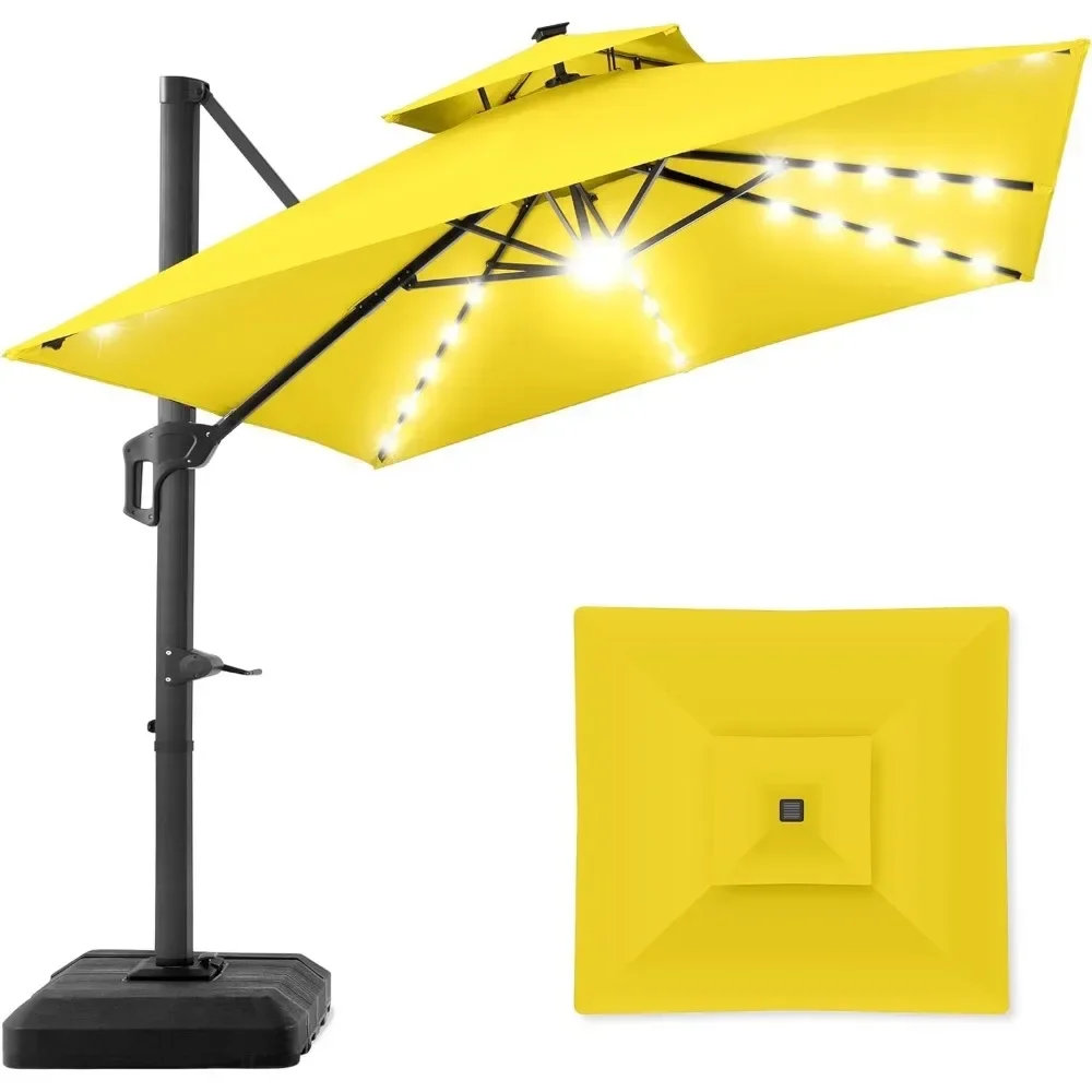 

2-Tier Square Cantilever Patio Umbrella with Solar LED Lights, Offset Hanging Outdoor Sun Shade for Backyard , 360 Rotation