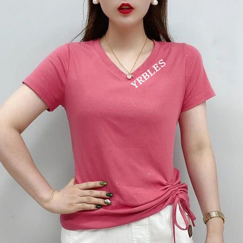 Fashion V-Neck Loose Letter Shirring Bandage Bow Blouse Female Clothing 2023 Summer New Casual Pullovers Tops Asymmetrical Shirt