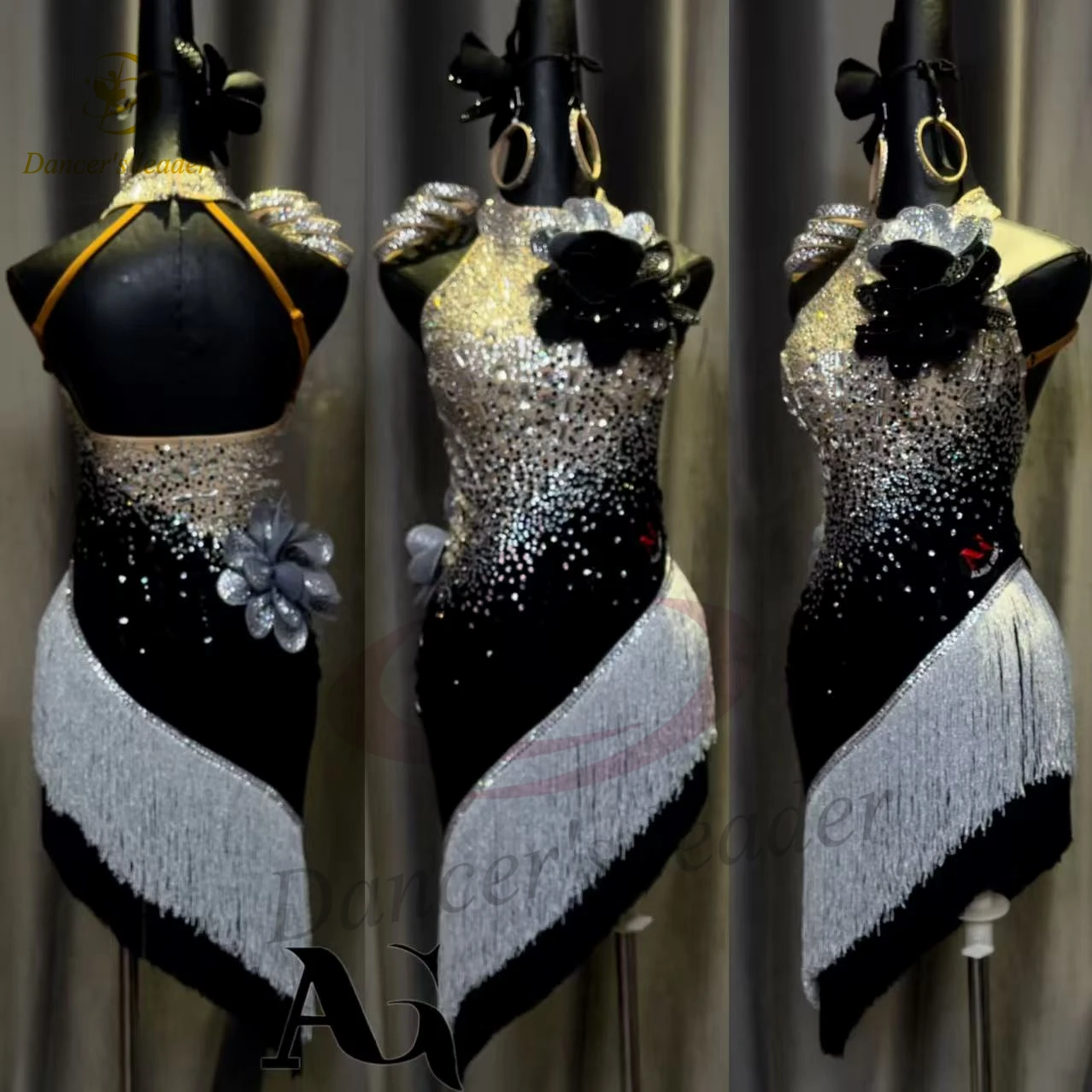 الرقص اللاتيني AB Stone أنثى الكبار الأطفال الراقية مخصصة غالاكسي التدرج فستان أسود بركة السامبا أداء اللباس #1