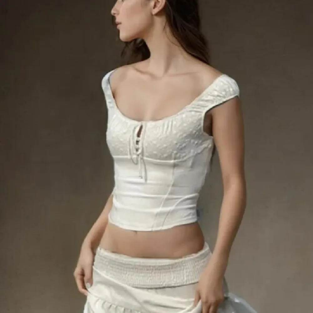 Summer Elastic Bow O collar Tank Top Slim Corset Women White Embroidery Flower Spliced Rib Waist Back Zipper Slim Crop Vest