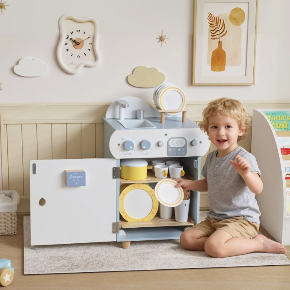 Ensemble de vaisselle bleu foncé pour enfants – Incroyablement créatif ! Lave-vaisselle en bois avec 32 accessoires et bords lisses et arrondis. Fabriqué en panneau de fibres à densité moyenne (MDF), adapté aux enfants à partir de 3 ans.