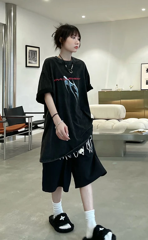 simple washed black letter printed loose T-shirt for men and women summer street casual trendy brand short sleeved y2k emo tops