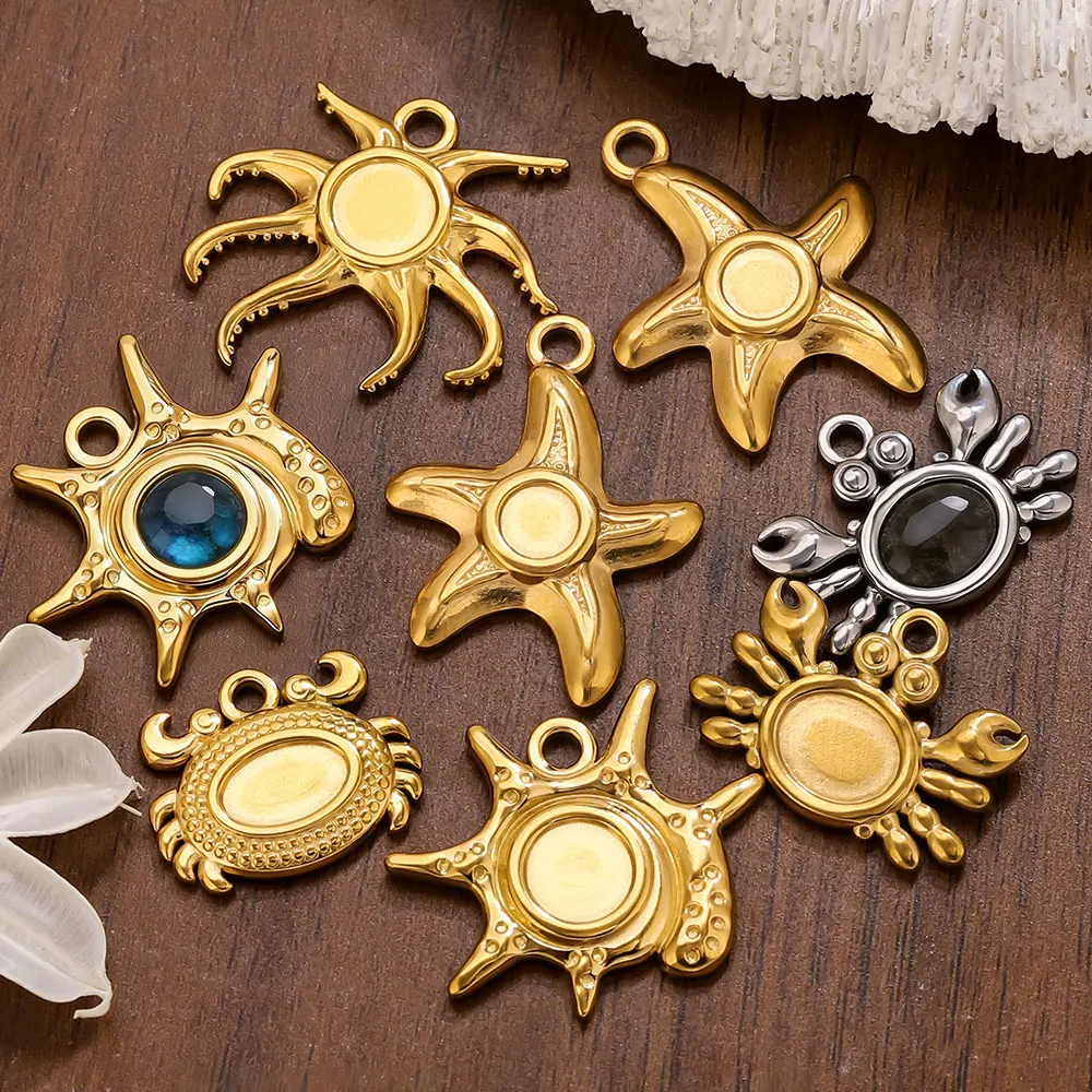 

5PCS Stainless Steel Cabochon Tray Charms Marine Animal Crab Starfish Pendant Blank Bases Diy Handmade Jewelry Making Supplies