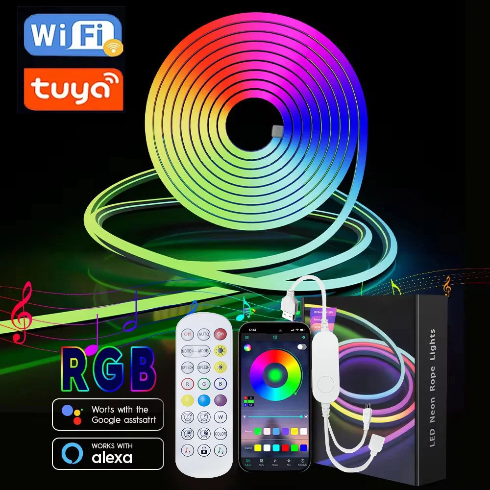 Rgb conduziu a luz de tira 5v usb bluetooth tuya wifi néon corda luz 1m 2m 3m 5m decoração luz led controle remoto app fita de néon