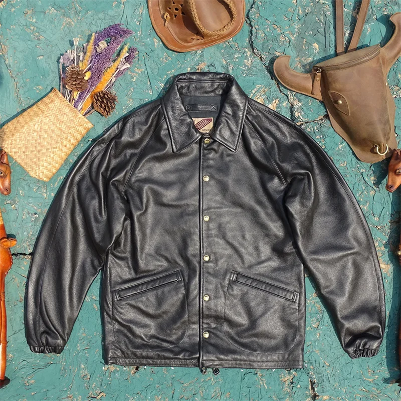 Top Layer Cowhide Leather Jacket Men's Comfortable Breathable Fashionable Casual Style Long Sleeve Zipper Closure Leather Coat