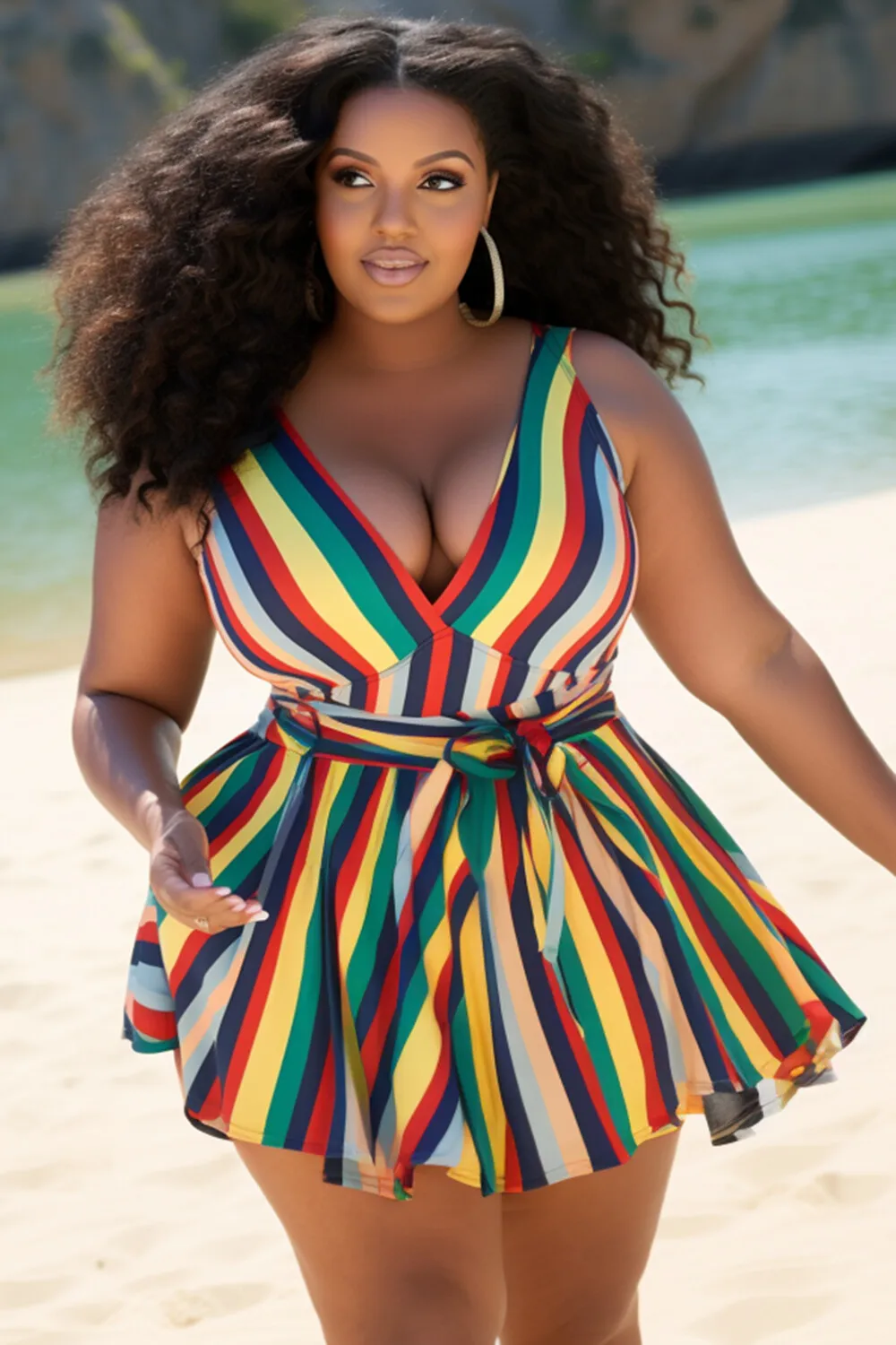 

Plus Size Vacation Multicolor Striped V Neck Wrap Swimsuit Fabric Swimwear Dress 2025 Women