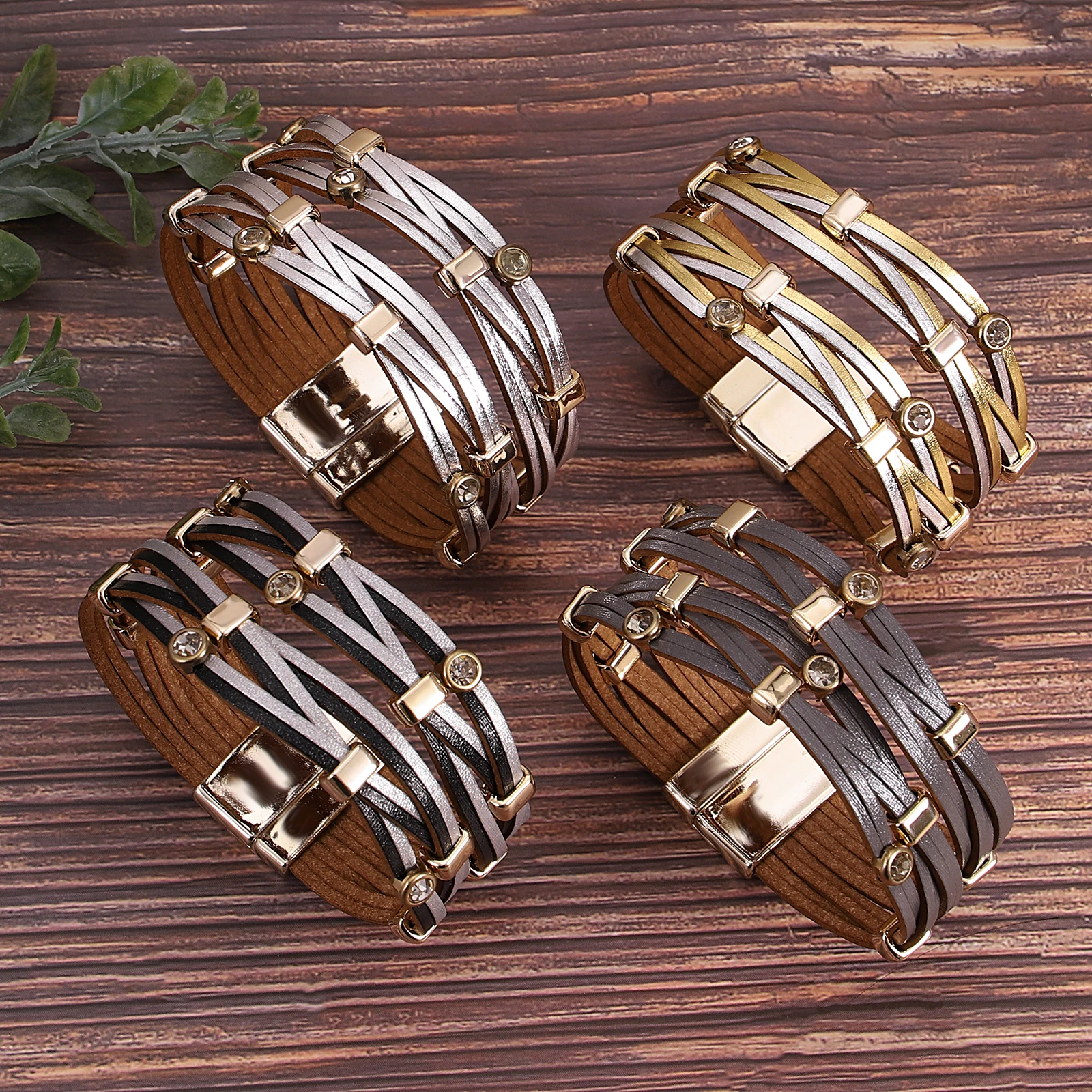 

Amorcome Elegant Rhinestone Inlaid Metal Buckle Leather Bracelet Women Multilayer Thin Chain Winding Bracelet Exquisite Jewelry