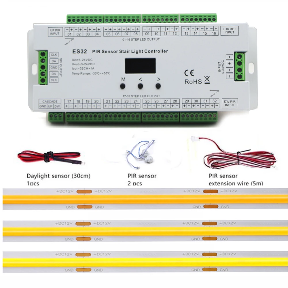 

PIR Sensor Stair Controller 32CH Single Color 2CH RGB Pixel SPI LED Strip Dimmer Indoor Stairway Light ES32 Controller 5V-24V