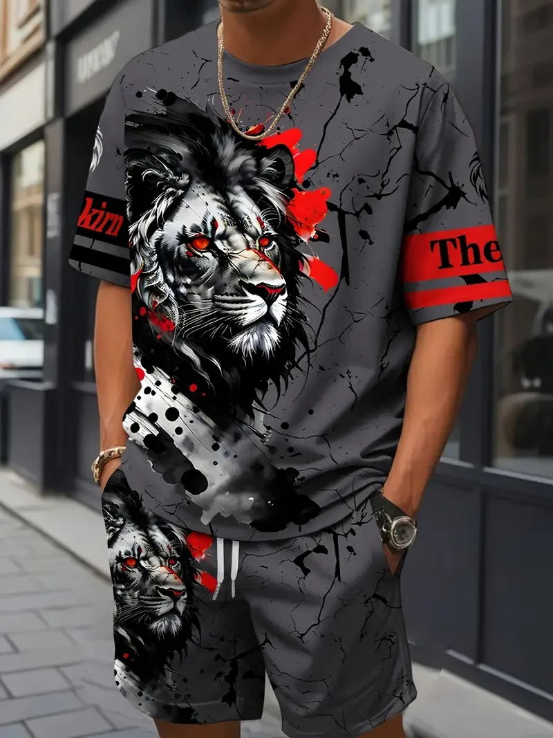 

Summer Men's O Neck Short Sleeve Shorts Set 3D Tiger Printed Casual T Shirt Cool Streetwear 2pcs Set Men's Sportswear