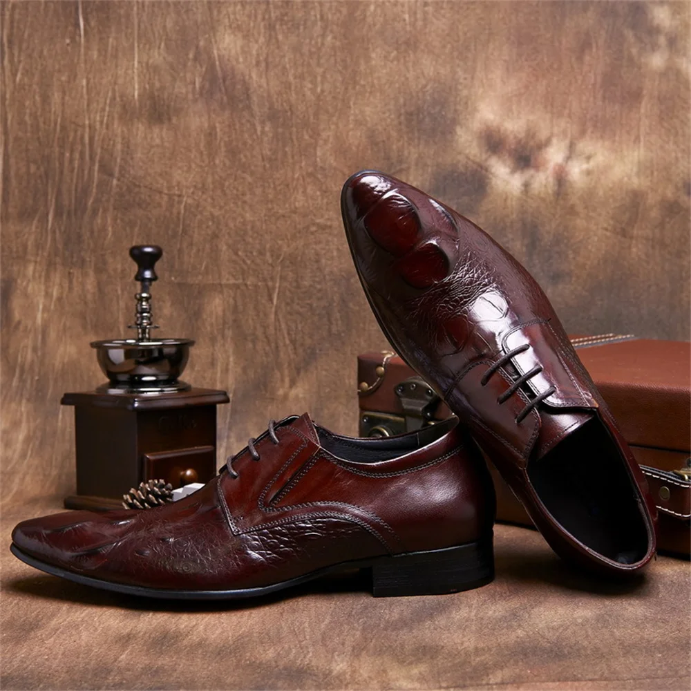 Cowhide Embossed Crocodile Pattern British Style Men Pointed Toe Leather Shoes Genuine Leather Lace Up Business Formal Shoes view 4