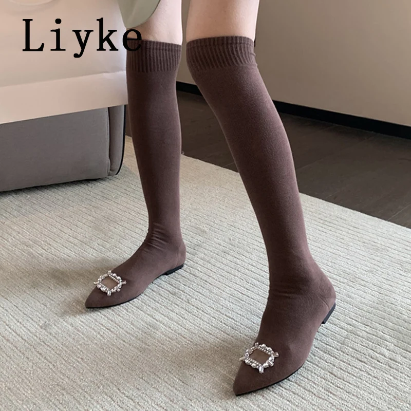 Liyke 2024 Autumn Women Cozy Knitting Stretch Fabric Socks Boots Crystal Buckle Casual Flat With Thigh High Over The Knee Shoes