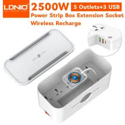 Power Strip with Cable Management Box in Wireless Recharge,Cord Organizer with 5 Outlets 3 USB Ports and Tablet Stand Holder