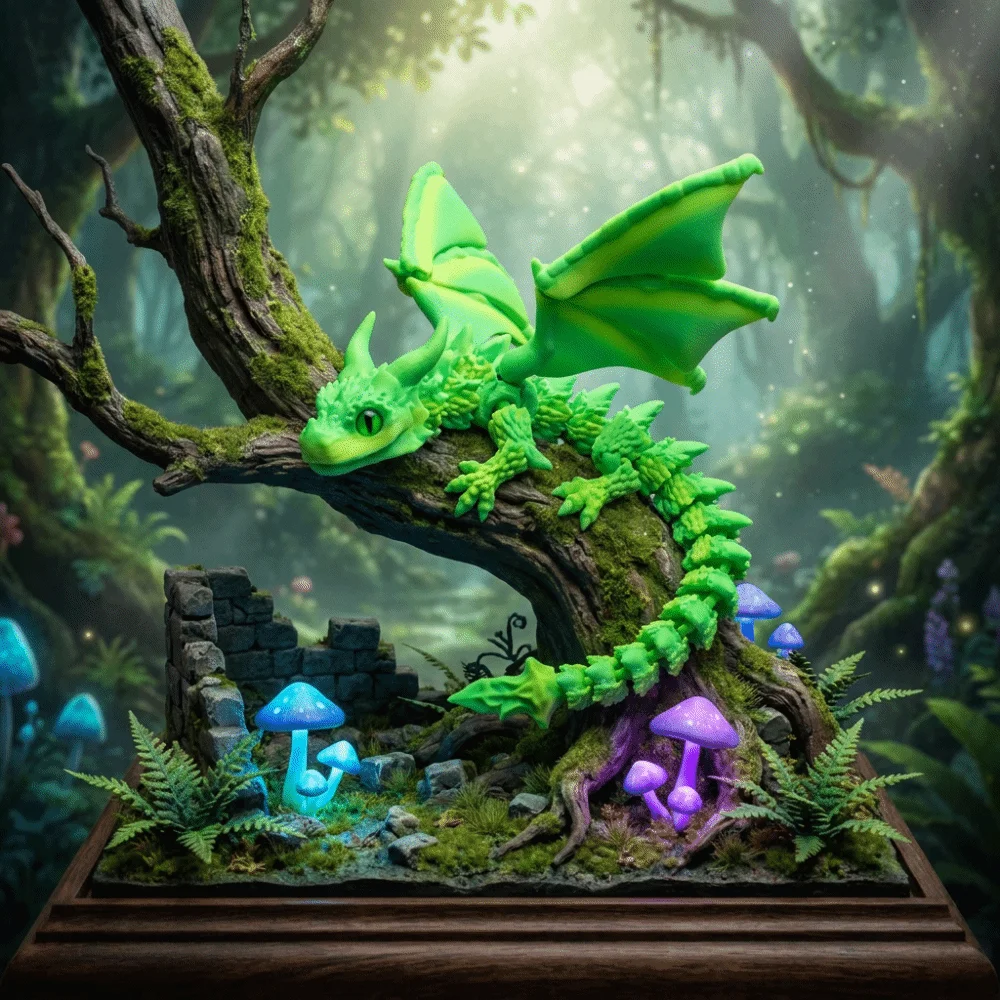 3D Printed Articulated Dragon Toy Multi-Joint Double Horn Dragon Figurine Multi-Color Changing Mysterious Eyes