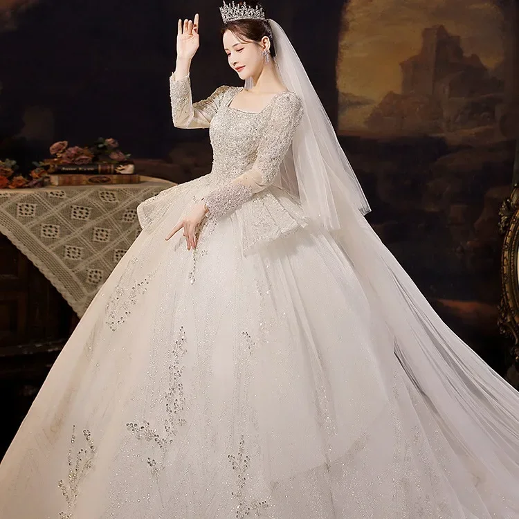 Handmade Wedding Dress Bride, 2024 New Long Sleeved Elegant Embroidered Palace Style Large Tailed White Dress