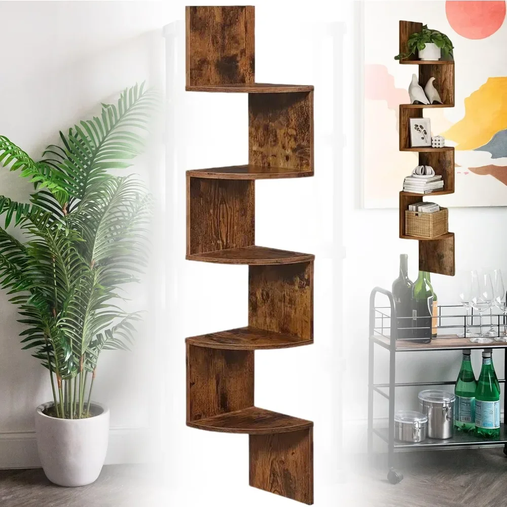 Libreria angolare a 5 ripiani per parete, unità angolare a mensola sospesa per soggiorno, libreria a sospensione, scaffali espositivi, scaffale a spirale in legno