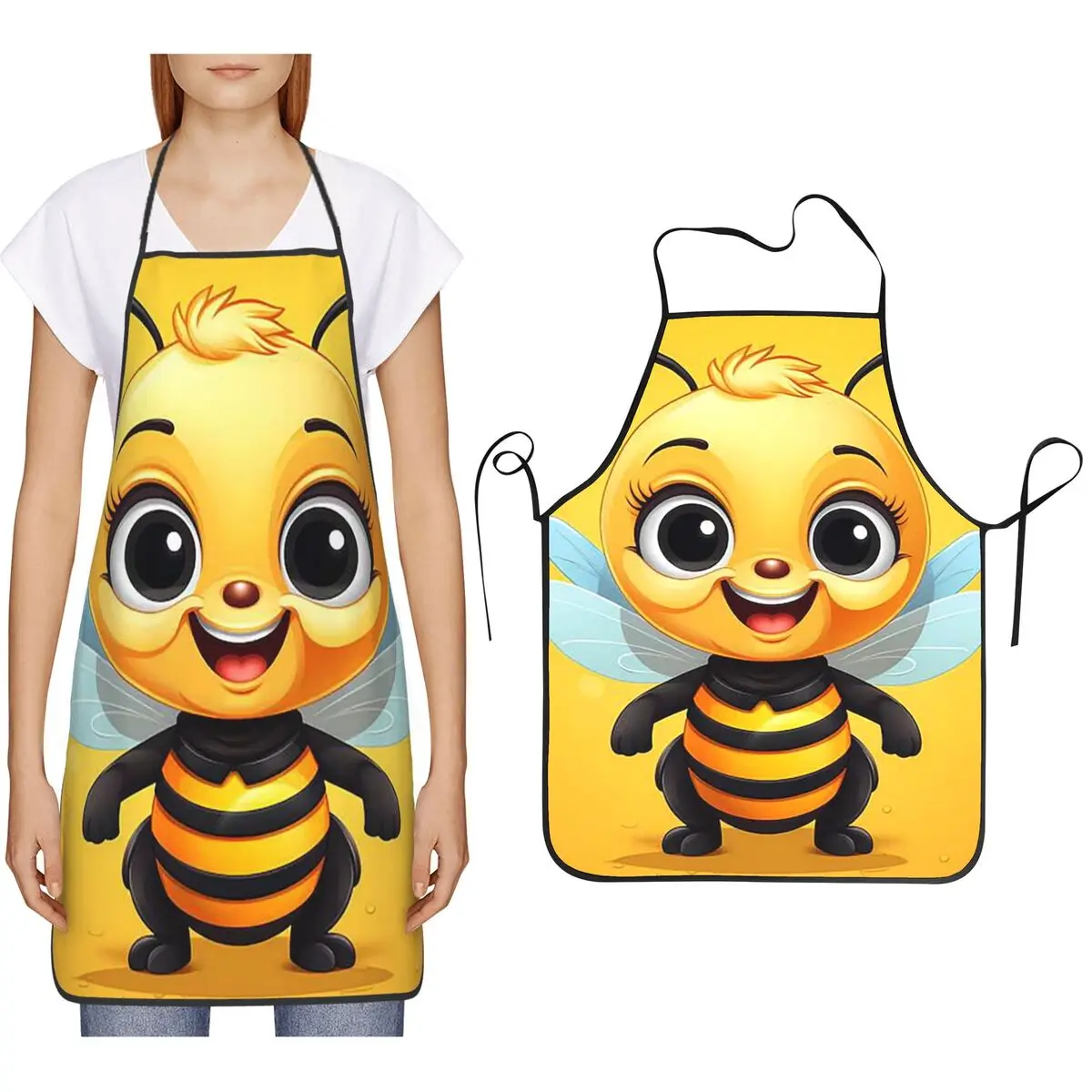 Cheerful Bee Cartoon Apron Chef Cooking Baking Tablier Bib Kitchen Cleaning Pinafore for Women Men Painting
