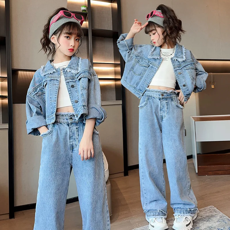 

Spring Autumn Girls Clothing Set Jacket & Pants Outfits for Teen 6 8 12 Year Kids Clothes School Children's Raw Edge Denim Suits