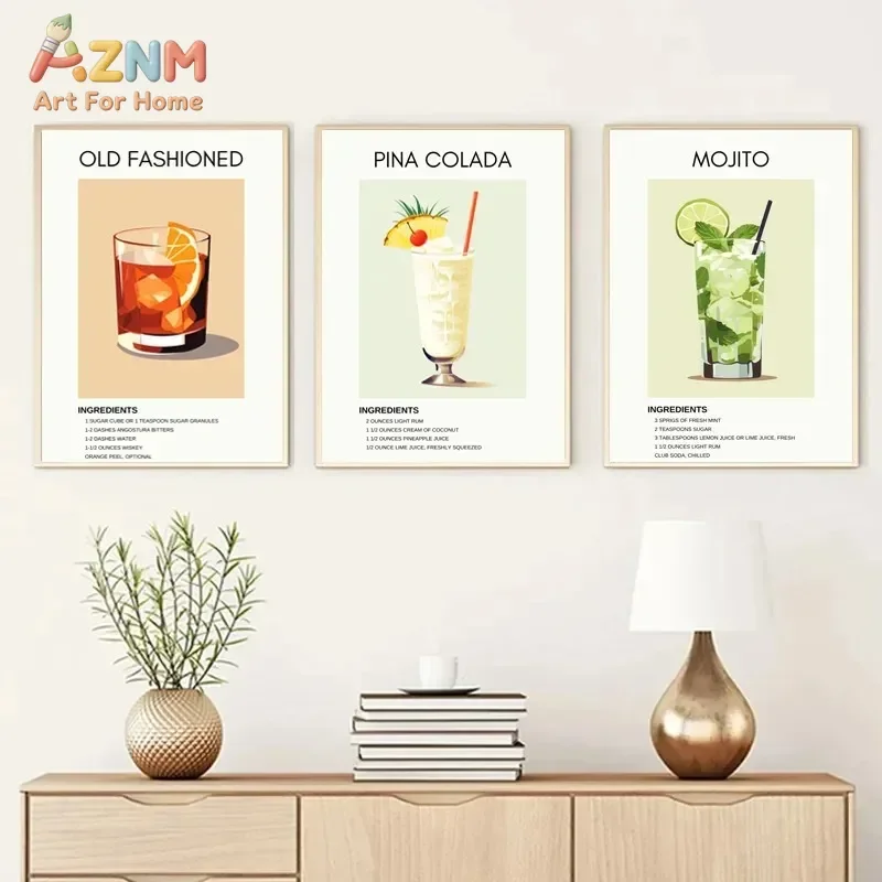 Retro Minimalist Classic Cocktails Martini Mojito Margarita Alcohol Wall Art Poster Canvas Painting Pictures Home Room Bar Decor