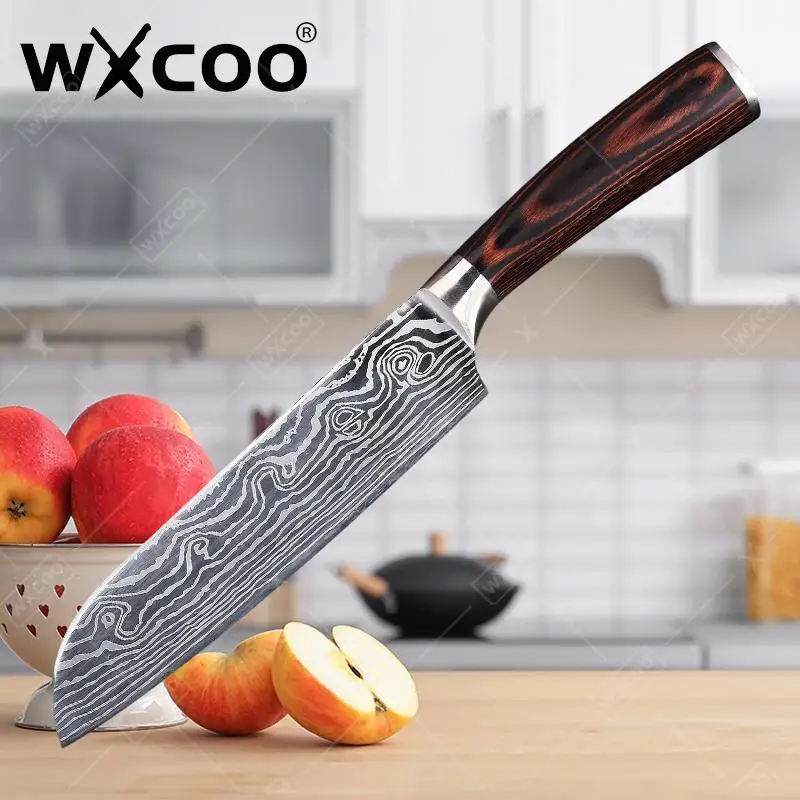 WXCOO-cuchillo de cocina Santoku de acero al carbono para Chef japonés profesional, mango ergonómico, cuchillos y accesorios de cocina