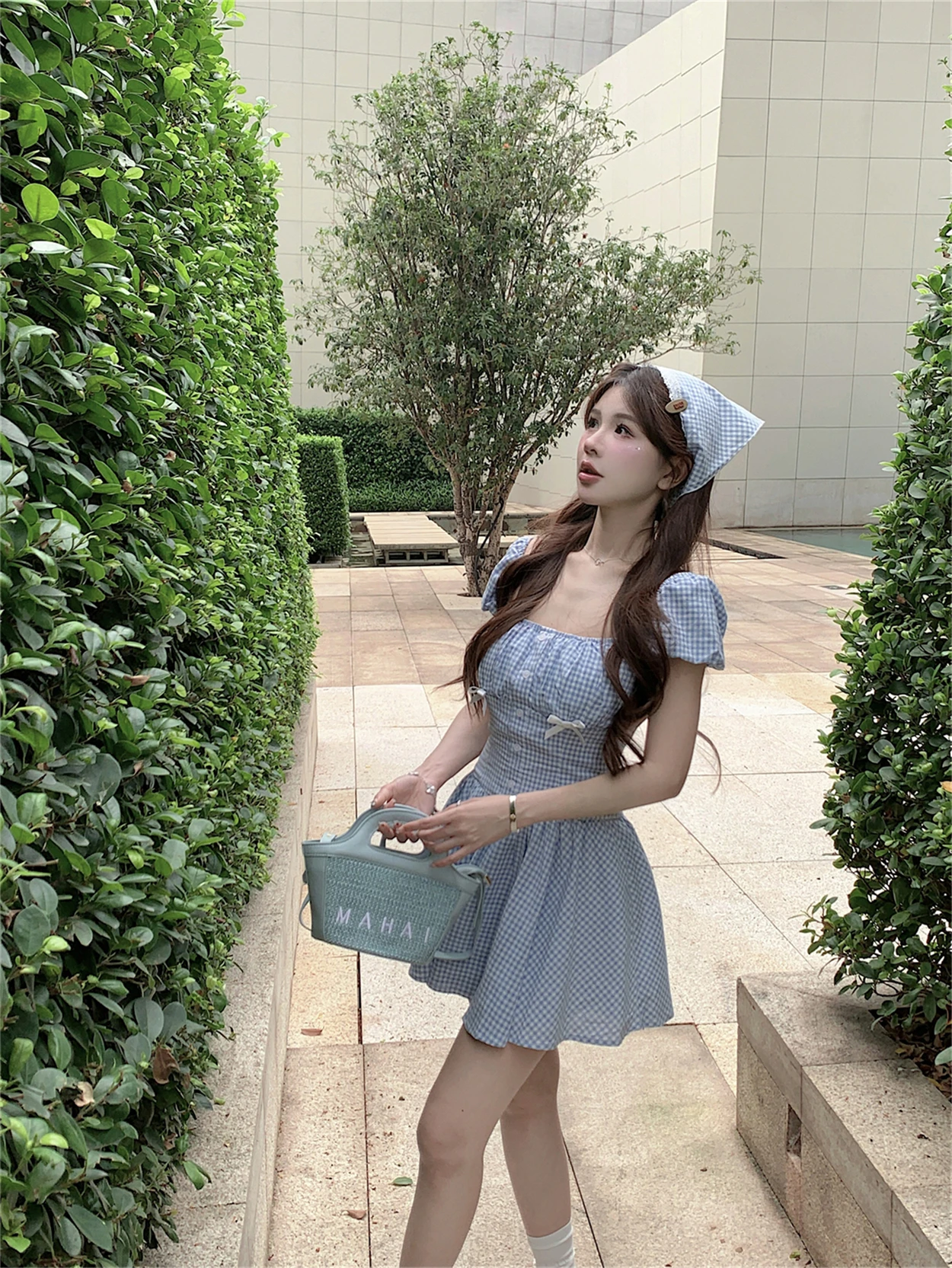 

Sweet Blue A-Line Dress Summer Slimming High Waist Short Sleeve Knot Citywalk Polyester Fiber Large Size Women's Dress