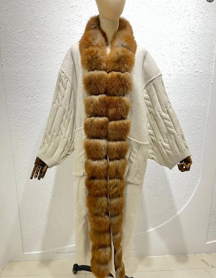 New Luxury Winter Real Natural Fox Fur Collar Woolen Blends Knit Long Overcoats Women Loose Warmth Cashmere Fur Jacket
