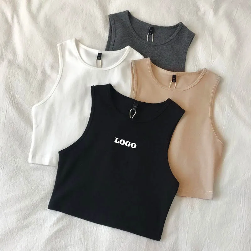 Custom LOGO Summer Cotton Polyester High Waist Slim Elastic Slim Fit Short Umbilical Tank Top Sleeveless Women