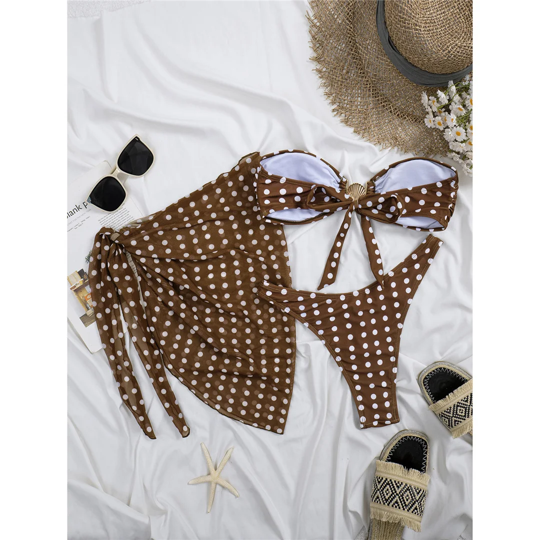 3-teiliges Set mit Sarong, Polka-Dot-Bandeau-Bikini, Damen-Badeanzug, dreiteiliger Bikini, Badebekleidung, Badeanzug, Schwimmbekleidung V8189 – Detail 5