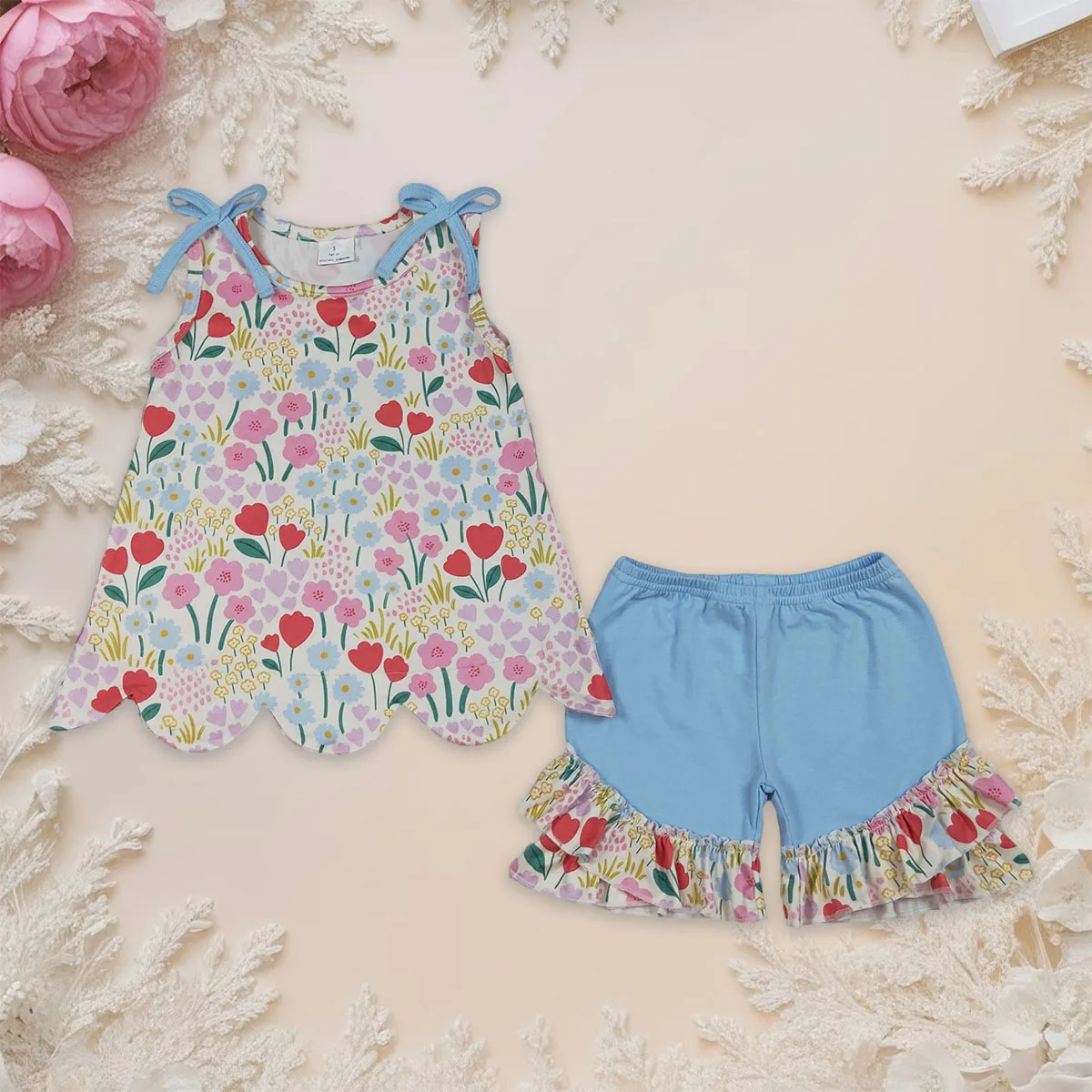 

Kids Baby Girls Sleeveless Colorful Flowers Tunic Ruffle Shorts Cute Clothes Set Fashion Boutique Fashion Clothing Wholesale