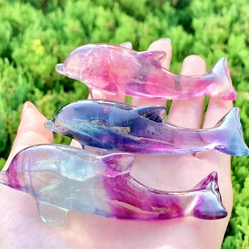 Natural Rainbow Fluorite Dolphin Crystal Marine Organism Carving Healing Fish Tank Landscaping Home Decorative Gift 1pcs 8CM