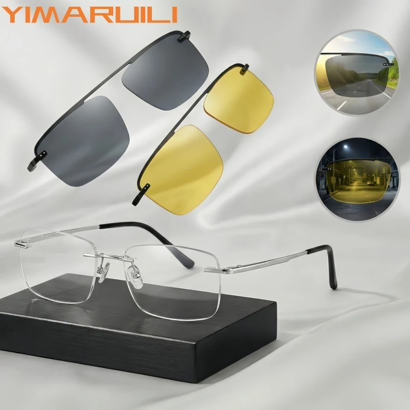 

YIMARUILI Men's Business Pure Titanium Rimless Magnetic Clip Glasses Ultra Light UV Protection Night Driving Glasses Frame G002