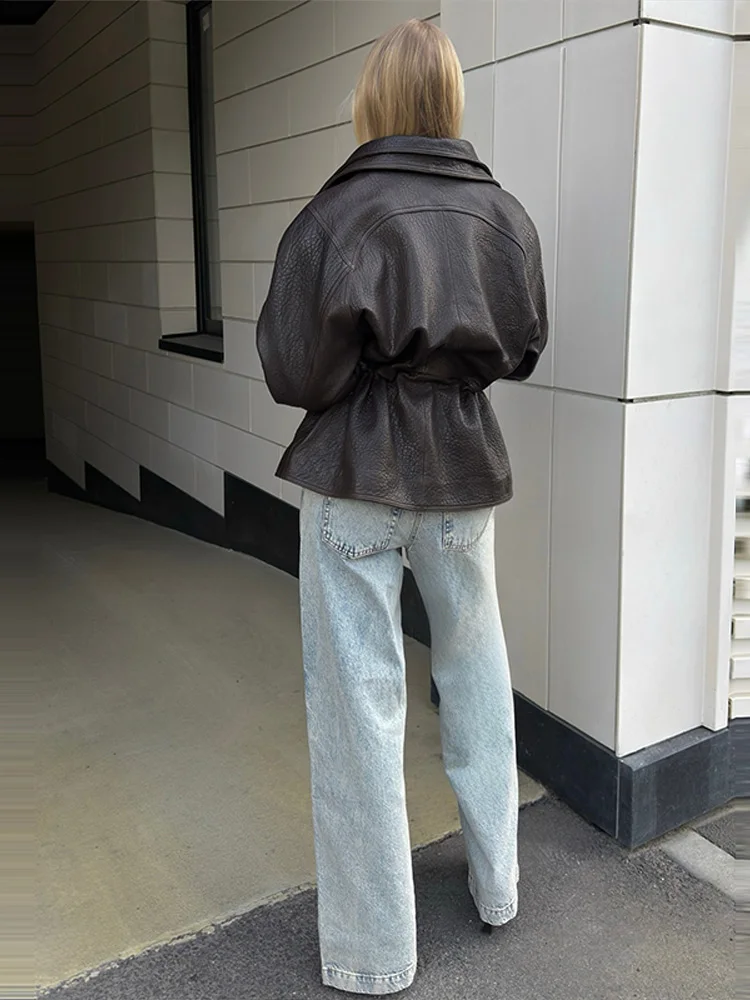 Women's Cinched Waist Coats Faux Leather Jackets High Neck Outwear Zip Detail Oversized Autumn Casual Street Fashion Clothes