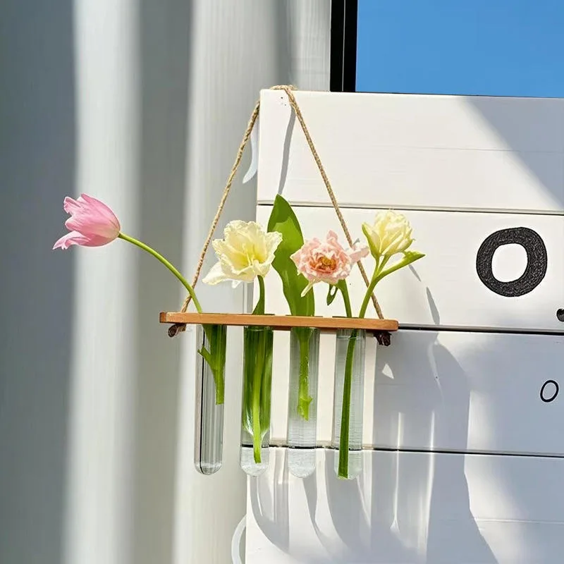 Creative and simple wood wall hanging hydroponics double layer green plant flower arrangement wall decoration with test tube