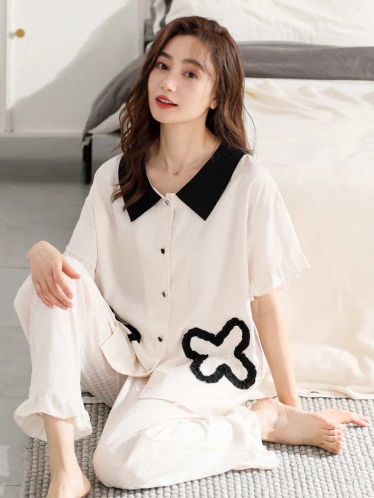 2024 Summer New Arrival Pajamas Women's Short-Sleeved Trousers 2-Piece Set Thin Ice Silk Fashionable Korean Style Home Clothes